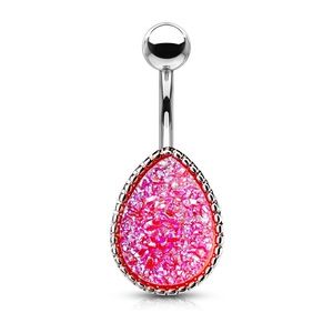 Pink tear drop druzy stone belly button ring 14 gauge surgical steel